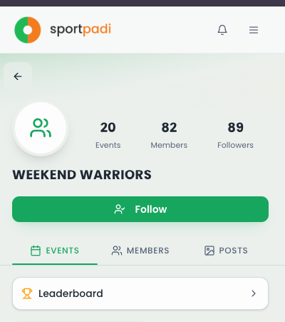 Group dashboard: name, crest, member count, upcoming events