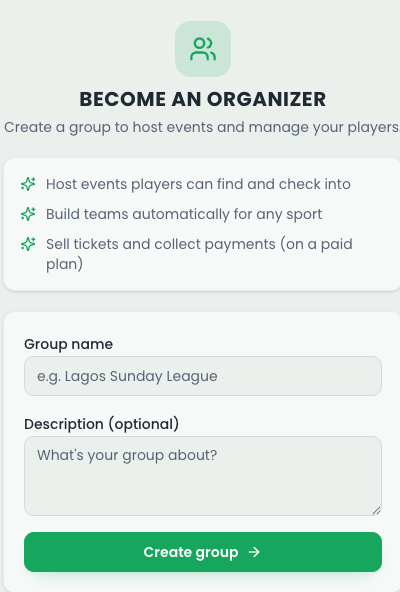 Create-group form with live preview of the group card