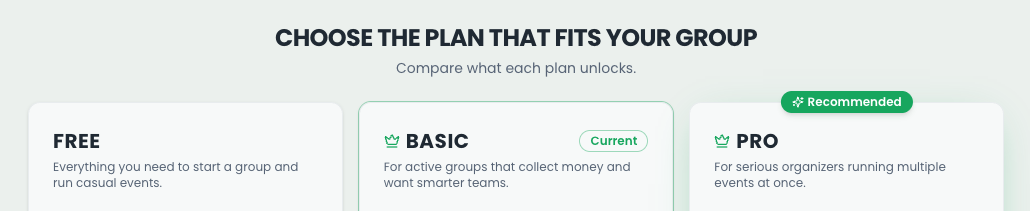 Plans & upgrades screen with tier cards